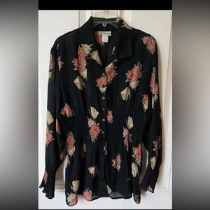 Vintage 80's Black Floral Blouse fitted waist Size Medium, Whimsigoth